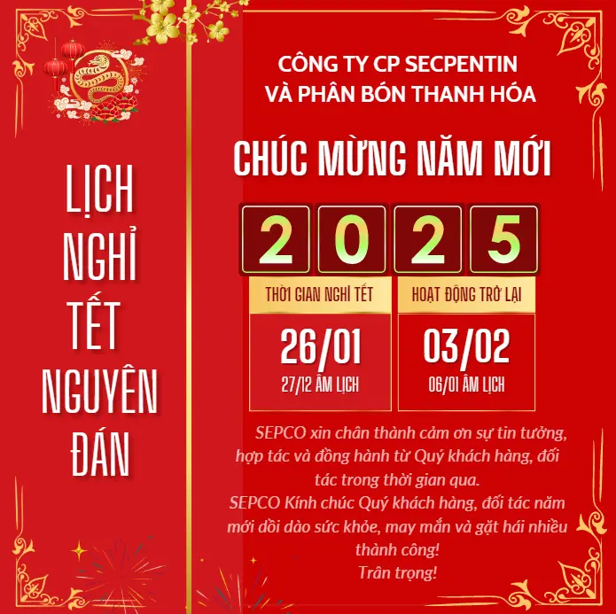 Công ty CP Secpentin và Phân bón Thanh Hóa thông báo lịch nghỉ Tết Nguyên đán năm 2025